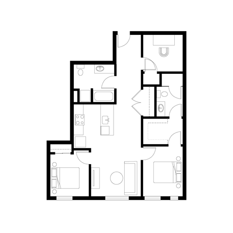 Floor plan for 2 beds, 2 baths, 1081 sqft